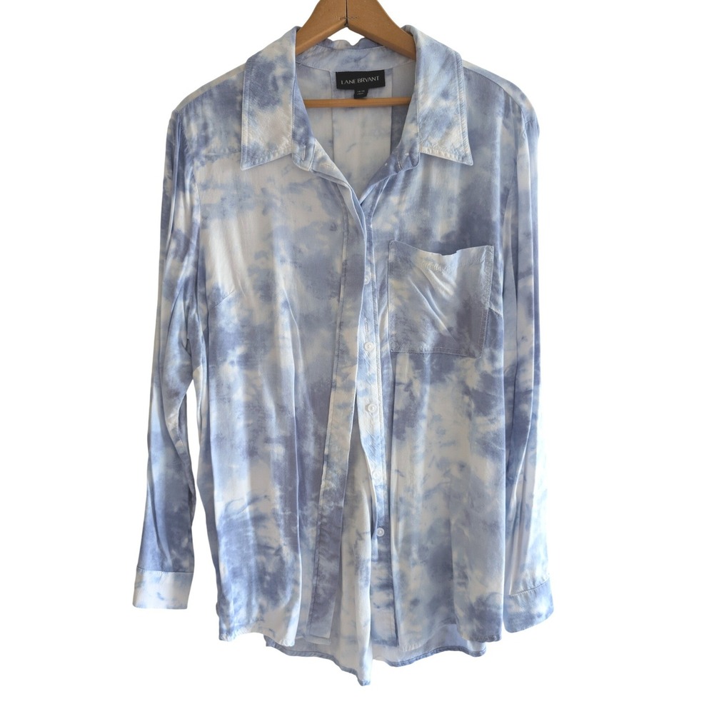 Lane Bryant Blue White Tie Dye Rayon Button Down Shirt Long Sleeve Plus 14/16